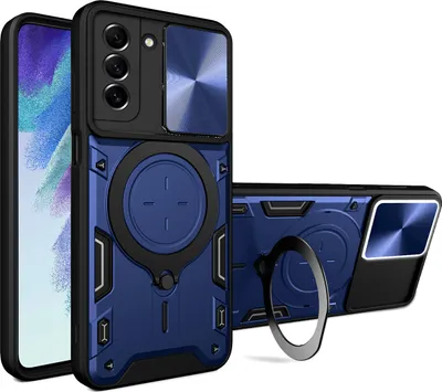 Immagine prodotto di Custodia per Samsung Galaxy S21 FE 5G a doppio strato con copertura della fotocamera e supporto ad anello blu