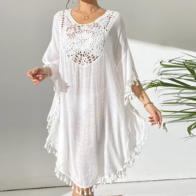 Productafbeelding van INF Strandjurk voor dames, witte gehaakte kanten badpak coverup