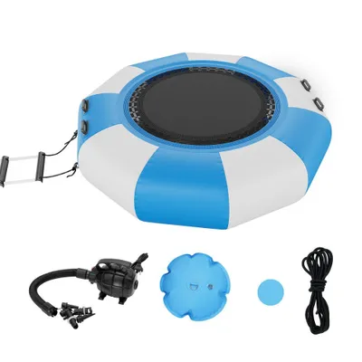 Immagine prodotto di Trampolino acquatico con scala - Gonfiabile, impermeabile, resistente all'abrasione - Superficie di salto di 1,98 m - Piattaforma di salto per parco acquatico - Blu/bianco - Portata 185 kg
