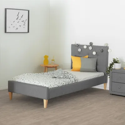 Produktbild von Homestyle4u Polsterbett 90x200 mit Lattenrost mit Matratze mit  Standard 100 mit Lattenrost Jugendbett Stoffbett Bettgestell Grau Einzelbett