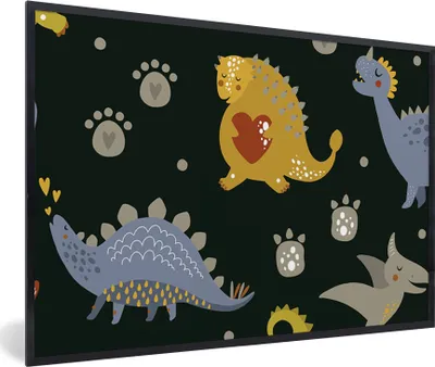 Produktbild von MuchoWow® Gerahmtes Poster Dino - Kinder - Schnittmuster - Jungen - Mädchen - Dinosaurier 90x60 cm - Poster mit Schwarzem Bilderrahmen Wandposter Rahmen Foto Bilder - Fotorahmen - Foto-Plakat