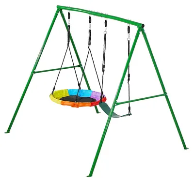 Produktbild von SucceBuy Gartenschaukel mit A-förmigem Metallrahmen, Doppelschaukel (1 Tellerschaukel & 1 Gurtschaukel), Belastbarkeit bis 199,6 kg, Outdoor-Schaukelset mit verstärkten Bodenankern in Spiralform