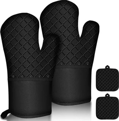 Produktbild von 4er Set Ofenhandschuhe, 300°C Topflappen & rutschfestes Silikon Lange Backhandschuhe, Kochhandschuhe Hitzebeständige, Topfhandschuhe Ofen Handschuhe für Küche, Backen,BBQ,Auflaufform und Grillen
