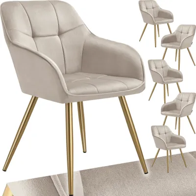 A collection of beige upholstered dining chairs with gold legs, presented on a white background.