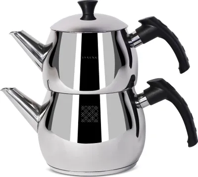 Produktbild von Serenk Modernist Türkische Teekanne Set aus Edelstahl, Caydanlik, Teekanne 1 L, Teekannendeckel 1,5 L, Schwarzer Griff,  Türkiye