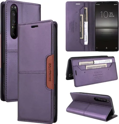 A collage of images showing a purple flip wallet phone case for a Sony Xperia 1 II.