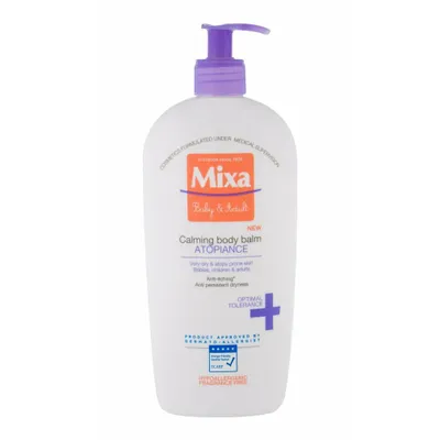 A white pump bottle of Mixa Calming body balm for babies and adults.