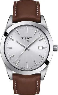Produktbild von Tissot Gentleman 40 mm Quarzuhr mit silbernem Zifferblatt und braunem Lederarmband
