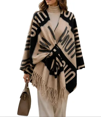 Produktbild von BZNA Strickponcho in Nero - Wolltuch mit Fransen - Poncho  ITALY
