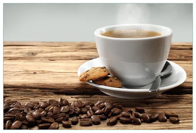 Produktbild von Wallario Küchenrückwand selbstklebend, Größe: 90 x 60 cm, Motiv: Heiße Tasse Kaffee mit Kaffeebohnen | Spritzschutz | abwischbar | pflegeleicht | in
