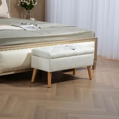Produktbild von Sitzhocker mit Stauraum Samtoptik Holzbeine, Polsterbank Truhenbank Knopfheftung, Weiß | 80 x 35 x 42 cm | bis 120 kg | Kautschukholz