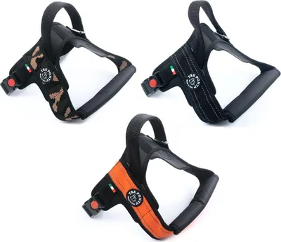 Seitliche Übersicht aller Tre Ponti Geschirr PRIMO Plus in camouflage, orange und schwarz