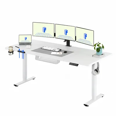 A white standing desk with multiple monitors, a laptop, keyboard, mouse, and accessories.
