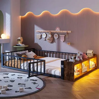 Produktbild von Kinder-Metallbett mit Schutzgeländer und LED-Streifen, ideal als Flachbett mit Eisenstruktur und Schließfächern, ohne Matratze - 140 x 200 cm, Schwarz