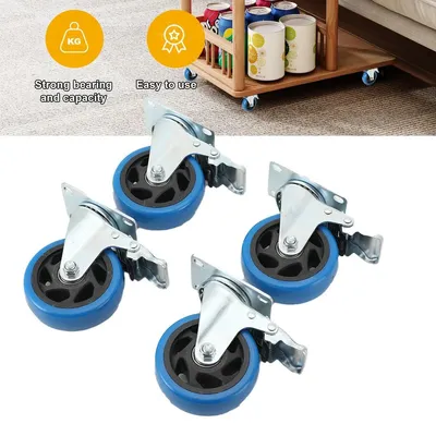 Obrázok produktu pre Sada koliesok na nábytok – ťažké otočné kolieska s brzdou – 4x 100 mm (10 cm) – nosnosť 120 kg na koliesko – polyuretánové prepravné kolieska