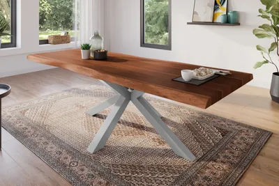 Produktbild von Esstisch 240 x 100 cm Akazie massiv nussbaum Baumkantentisch Spider-Gestell silber ATLAS