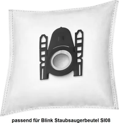 A white vacuum cleaner dust bag with a black plastic fitting.