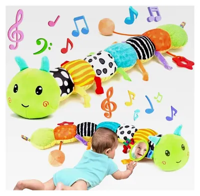 Produktbild von Spielzeug Raupe für Babys von 0-12 Monaten, Musik Plüsch Spielzeug für Bauchlage mit Rassel, Knisterelementen, Quietscher & Baby Spiegel, Sensorisches Entwicklungs Spielzeug für Neugeborene