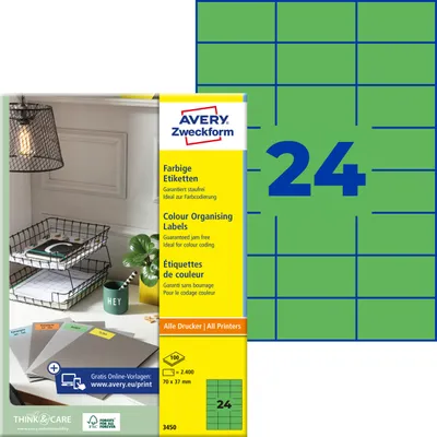 Produktbild von Avery Zweckform 3450, Farbige Etiketten, A4, 70 x 37 mm, 2.400 Etiketten / 100 Bögen, grün