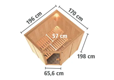 Productafbeelding van Karibu Sauna Lilja (Eckeinstieg): Volledig glazen deur, bronskleurig, oven met geïntegreerde bediening, 3,6 kW