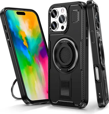Produktbild von Für Apple iPhone 16 Pro Max Ringhalter 360 Carbon Design Hybrid Hülle Schwarz