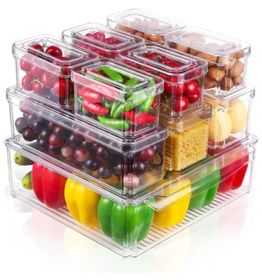 Produktbild von Set von 10 stapelbaren transparenten Kühlschrank-Organizern