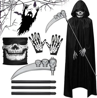 Produktbild von Todesskelett Kostüm mit Kapuze und Maske für Halloween