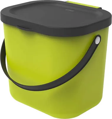 A lime green trash can with a dark gray lid and handle, isolated on a white background.