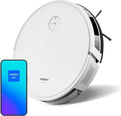 A white robot vacuum cleaner is shown next to a smartphone displaying an app interface. The robot vacuum has the Medion logo on it, and the smartphone displays "medion LIFE+".