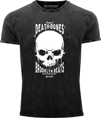 Produktbild von Neverless® Herren T-Shirt Vintage Shirt Printshirt Skull Death and Bones Aufdruck Used Look Slim Fit schwarz XXL