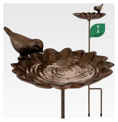 Produktbild von Vogeltränke stehend, Vogeltränke Garten auf Stab - Höhe 64cm, frostsicher aus Gusseisen, Wasserschale in Blattform