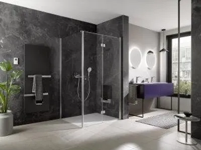 Produktbild von HSK 4807090T-1-54 Exklusiv 2.0 Drehfalttür Pendelbar mit Seitenwand 946x2000mm Alu Silber-Matt Chinchilla