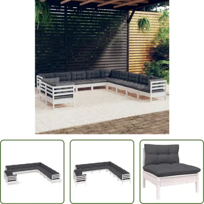 Produktbild von The Living Store 11-tlg. Garten-Lounge-Set mit Kissen Weiß Massivholz Kiefer