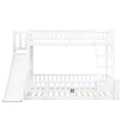 Produktbild von Flieks Etagenbett 90x200/140x200cm mit Rutsche, Kinderbett Bodenbett mit Tür, Hochbett Stockbett mit Regal, Doppelbett Holzbett mit Lattenrost, Weiß