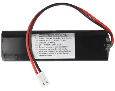 Produktbild von Notleuchtenakku NiMH 4,8V 1500mAh L2x2 Mignon AA mit 150mm Kabel und Stecker