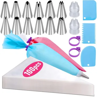 Produktbild von Spritzbeutel und Spritztüllen-Set 100 Stück Einweg & 1 Wiederverwendbar 30,5 cm mit 12 Spitzen