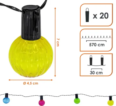 Image de 1.01 Guirlande lumineuse solaire avec 20 ampoules - Longueur env. 570 cm - Éclairage de fête à LED - Couleur : multicolore avec rainures (rétro)