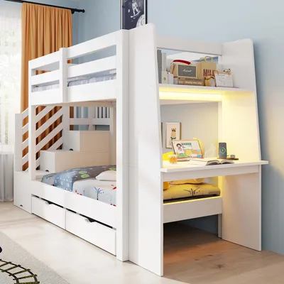 Produktbild von STILVORA Etagenbett 90x200 cm mit Schreibtisch, Kinderbett mit LED-Lichtleiste, Stockbett mit Steckdose und Schubladen, Holzbett mit Leiter