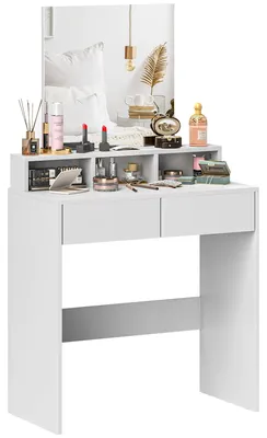 Productafbeelding van Make-uptafel - Kaptafel met spiegel - 2 lades - 3 vakken - Houten frame - Modern design - Wit