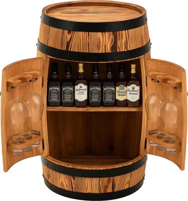 Produktbild von Holzbar Fass 80x55 cm – Massiver Holz Barschrank für Alkohol, Wein & Whisky mit Glashaltern | Handgefertigt in EU | Premium Bar Möbel Loft & Rustikal