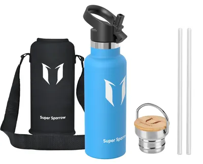 Produktbild von Super Sparrow Trinkflasche Kinder Edelstahl - 500ml - Auslaufsicher Thermoskanne, BPA-Frei Wasserflasche - Thermosflasche Kinder für Sprudel, Sport, Schule, Fitness - Mit 2 Deckeln