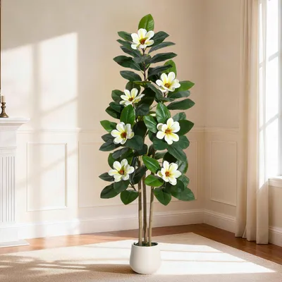 Zdjęcie produktu dla Sztuczna Magnolia 150 cm - Zielony – Realistyczna Roślina Doniczkowa do Domu, Biura i na Taras, Bez Pielęgnacji