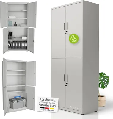 A collage of images showing a light gray metal filing cabinet from different angles and with doors open, along with a marketing graphic and a plant.