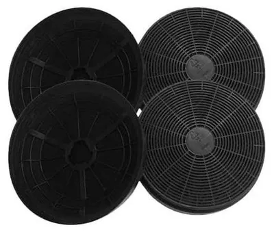 Four black circular carbon filters for a range hood.