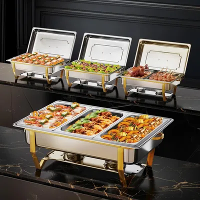 Produktbild von Buffet Speisenwärmer - Chafing Dish Set 2er-Pack - 7,6 l 8QT - Rechteckig - Edelstahl - Goldfarben - Für Hotel und Restaurant
