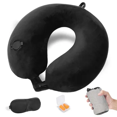 Immagine prodotto di Cuscino gonfiabile per il collo, ideale per viaggi, con mascherina per gli occhi e tappi per le orecchie, colore nero