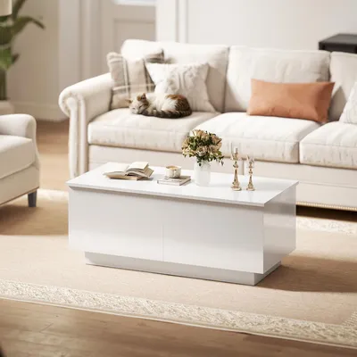 Produktbild von SUGIFT Couchtisch Höhenverstellbar, Wohnzimmertisch mit Schubladen, Spanplatte Hochglanz, Weiß | 102x48x54,5 cm | 2 Schubladen | 27 kg