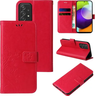 A collage of images showing a red floral flip phone case for a Samsung Galaxy A52 series phone.