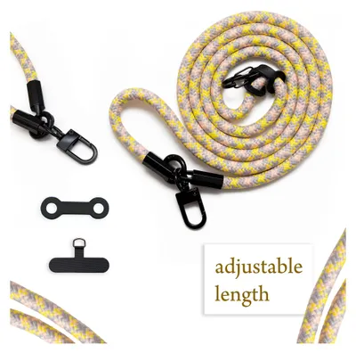 A product shot of a phone lanyard with accessories and text indicating adjustable length.