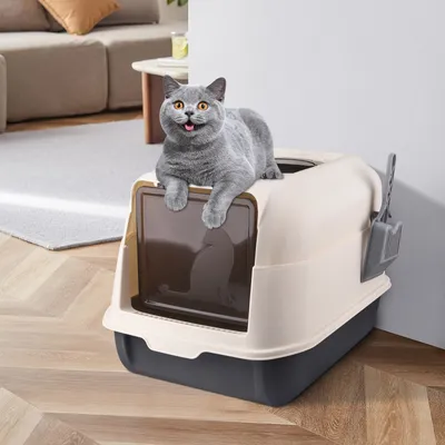 Produktbild von Katzenklo mit Schaufel,Kunststoff Katzentoilette mit Deckel,Cat Litter Box,Abnehmbarer Rand einfache Reinigung für Katzen bis 7 kg 36x51x34cm Schwarz